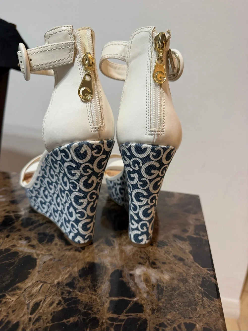 Guess White Ankle-Strap Wedge Sandals with Monogram Blue Platform